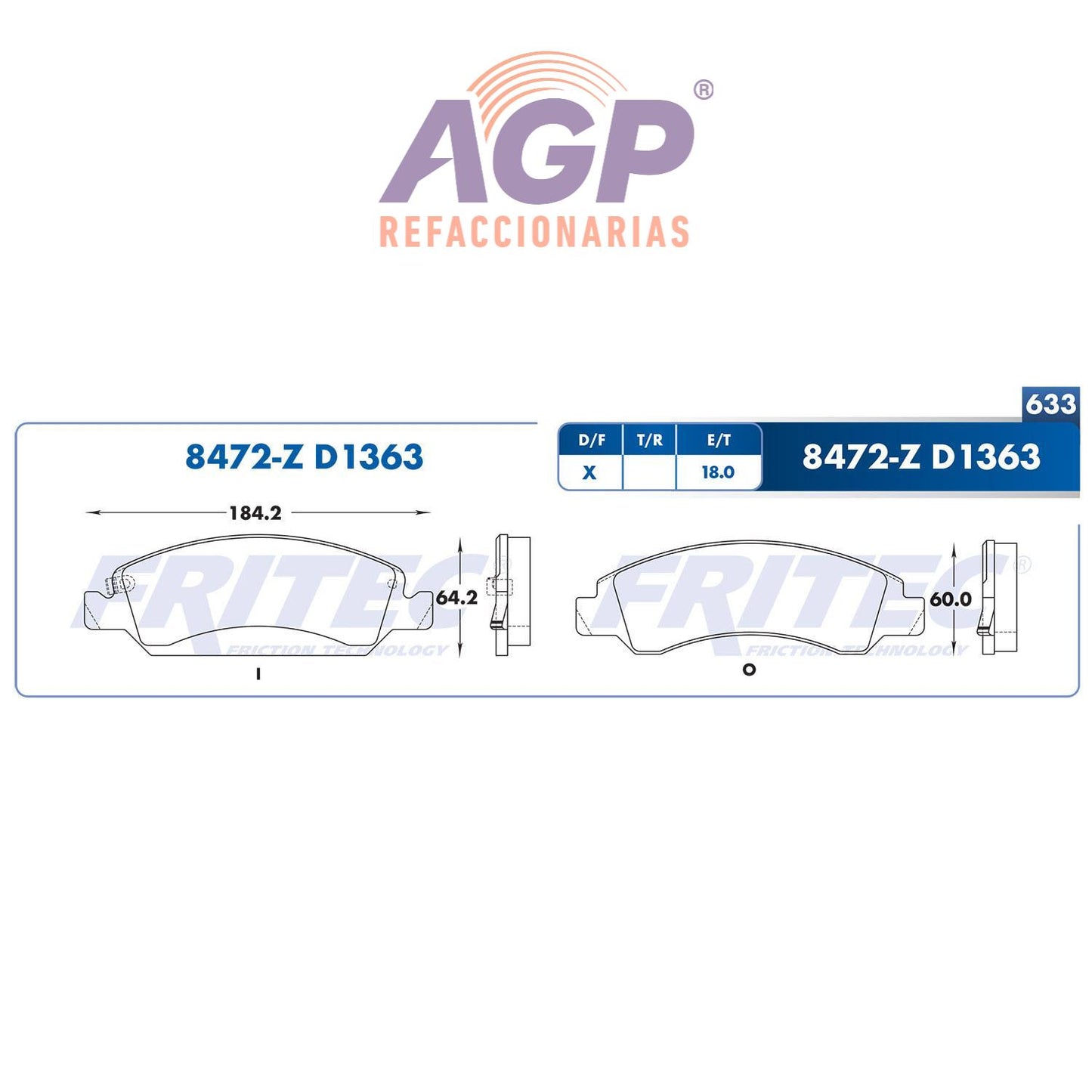 BALATA DISCO DELANTERA CHEVROLET TRUCK SILVERADO 1500 2008-2015 AVALANCHE 2008-2011 =D1363 () - REFACCIONARIAS AGP