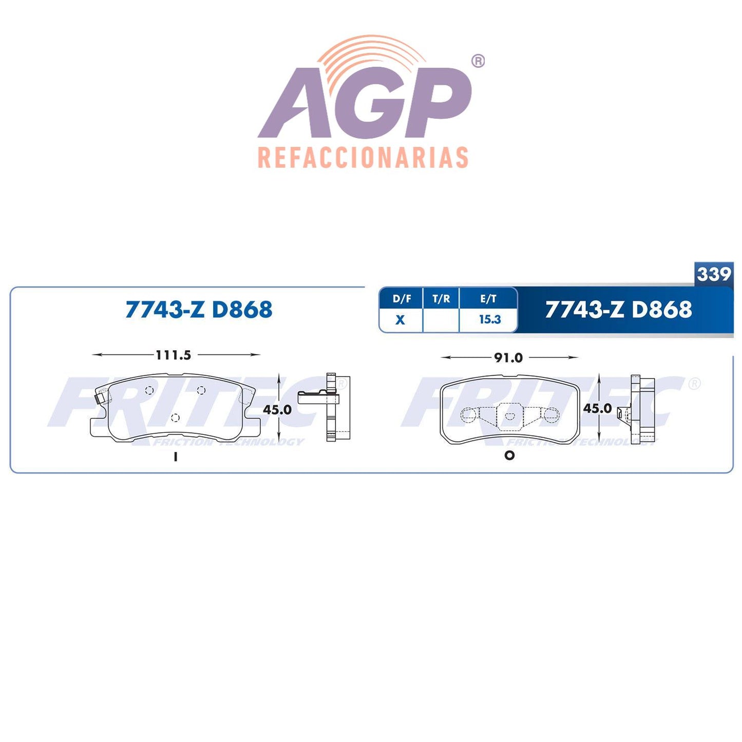 BALATA TRASERA CHRYSLER 200 2011-2013, CHRYSLER CIRRUS 2007-2009, CHRYSLER (FRI-SPC7743Z) - REFACCIONARIAS AGP