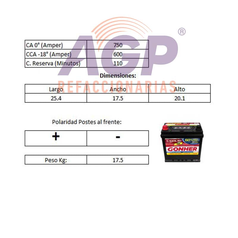 ACUMULADOR GONHER G-34 - REFACCIONARIAS AGP