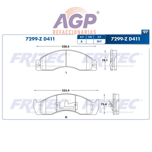 BALATA  DELANTERA FORD TRUCK E SUPER DUTY 1996-2002, FORD TRUCK E-350 ECONOLIN (FRI-SHD7299Z) - REFACCIONARIAS AGP