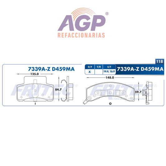 BALATA  DELANTERA CHEVROLET TRUCK C3500 1990-1994, CHEVROLET TRUCK K3500 1990- (FRI-SHD7339AZ) - REFACCIONARIAS AGP