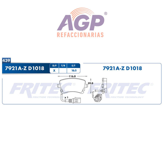 BALATA  TRASERA AUDI A4 2008-2009, AUDI A4 QUATTRO 2008-2008, AUDI A6 100 AN (FRI-SHD7921AZ) - REFACCIONARIAS AGP