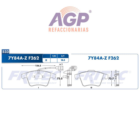 BALATA  DELANTERA VOLKSWAGEN TRUCK EUROVAN 2006-2009 (FRI-SHD7Y84AZ) - REFACCIONARIAS AGP