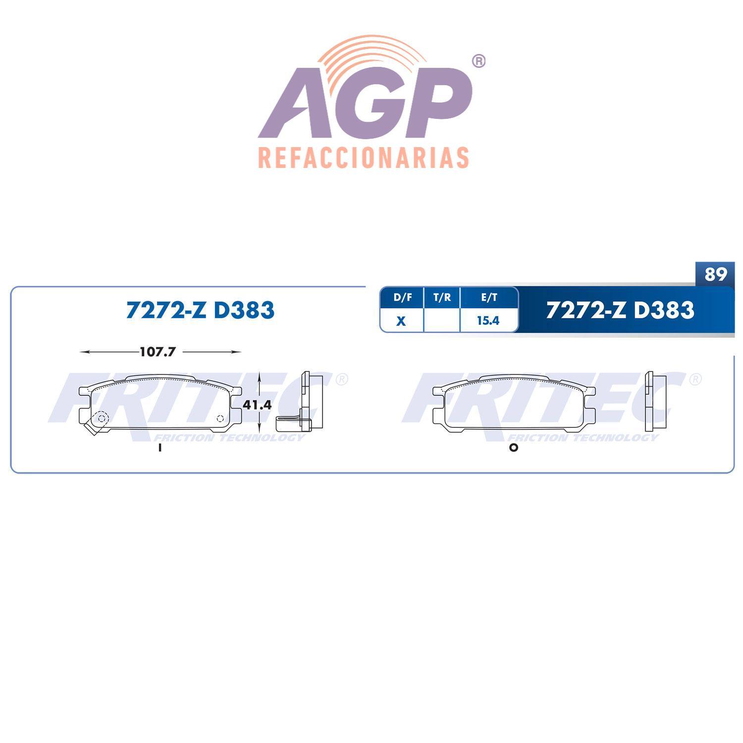 BALATA  TRASERA CHRYSLER SEBRING 2000-2005, DODGE STRATUS 2001-2005, DODGE C (FRI-SPC7272Z) - REFACCIONARIAS AGP