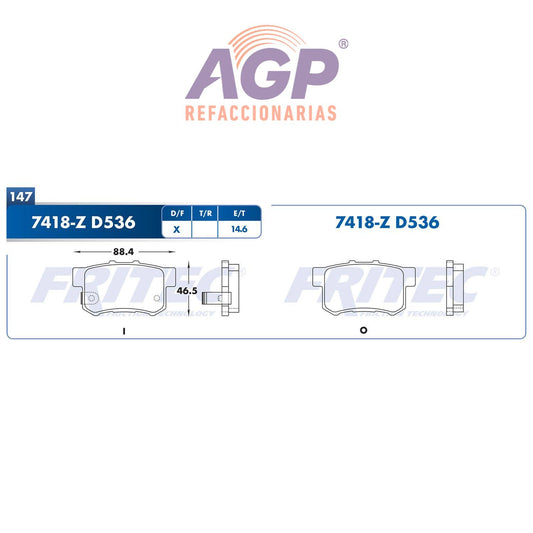 BALATA  TRASERA ACURA CL 1997-2003, ACURA LEGEND 1991-1995, ACURA RL 1996-20 (FRI-SPC7418Z) - REFACCIONARIAS AGP