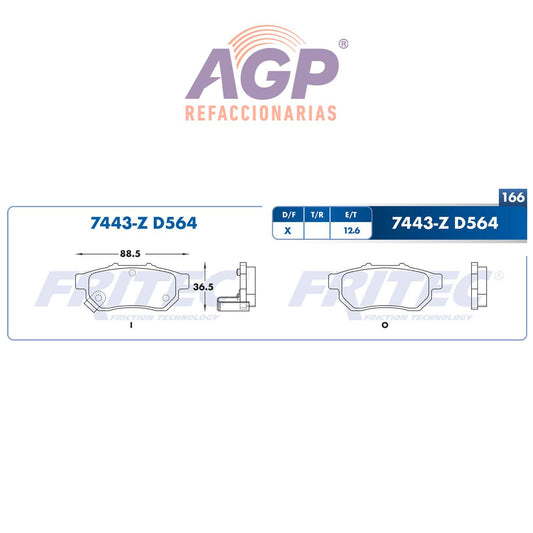 BALATA  TRASERA ACURA INTEGRA 1992-2001, HONDA CITY 2010-2012, HONDA CIVIC 1 (FRI-SPC7443Z) - REFACCIONARIAS AGP