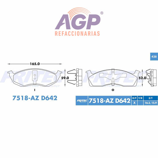 BALATA  DELANTERA DODGE NEON RT 1995-1999, NEON 1995-1996 (FRI-SPC7518AZ)