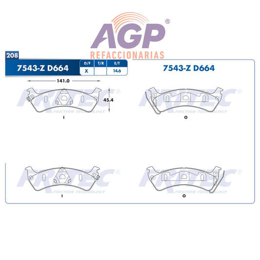 BALATA  TRASERA FORD TRUCK WINDSTAR 1994-2003, (FRI-SPC7543Z) - REFACCIONARIAS AGP