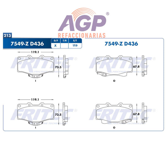 BALATA  DELANTERA TOYOTA TRUCK 4RUNNER 2001-2002, TOYOTA TRUCK HI-LUX 2004-200 (FRI-SPC7549Z)