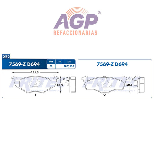 BALATA  DELANTERA SEAT LEON 2002-2008, VOLKSWAGEN GOL 2009-2011, VOLKSWAGEN GO (FRI-SPC7569Z) - REFACCIONARIAS AGP