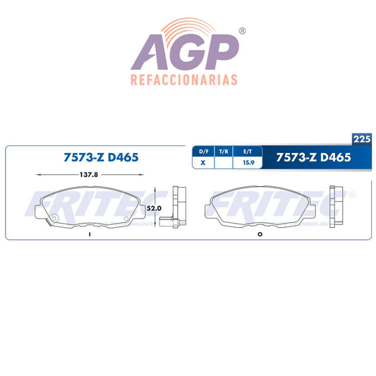 BALATA  DELANTERA HONDA CIVIC 1996-2011 (FRI-SPC7573Z) - REFACCIONARIAS AGP