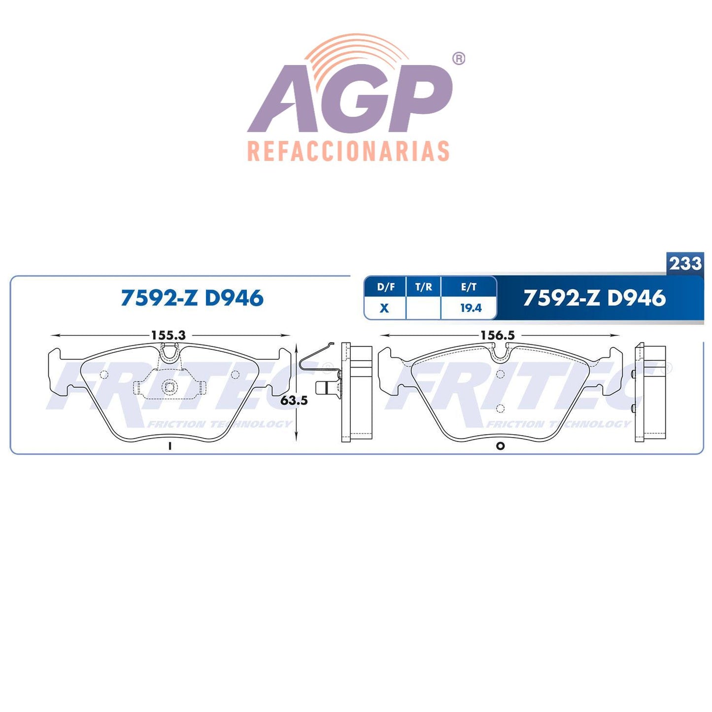 BALATA  DELANTERA BMW Z4 06-08, 330CI 01-06, 330I 01-05, 330XI 01-05, M3 03-06 (FRI-SPC7592Z) - REFACCIONARIAS AGP