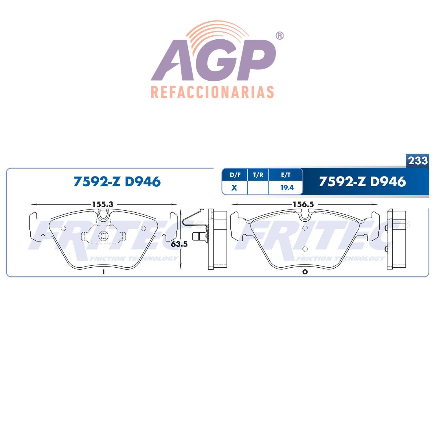 BALATA  DELANTERA BMW Z4 06-08, 330CI 01-06, 330I 01-05, 330XI 01-05, M3 03-06 (FRI-SPC7592Z) - REFACCIONARIAS AGP