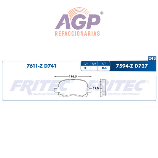 BALATA  DELANTERA CHEVROLET PRIZM 1998-2002, TOYOTA COROLLA 1998-2002 (FRI-SPC7611Z)