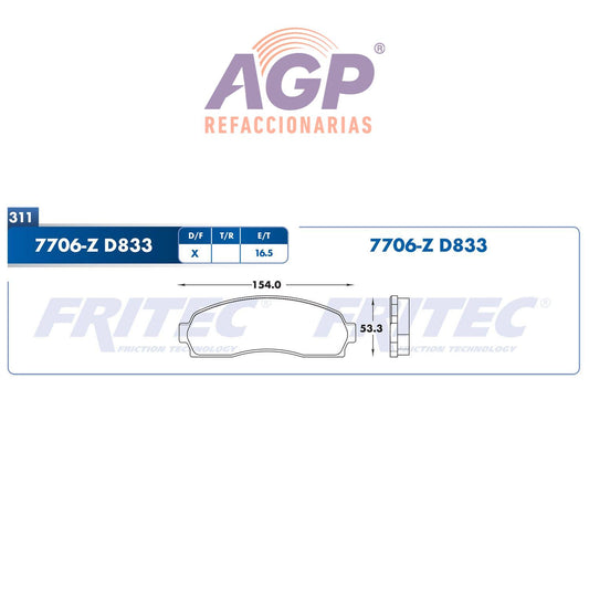 BALATA  DELANTERA FORD TRUCK EXPLORER 2001-2005, FORD TRUCK RANGER 2003-2012,  (FRI-SPC7706Z) - REFACCIONARIAS AGP