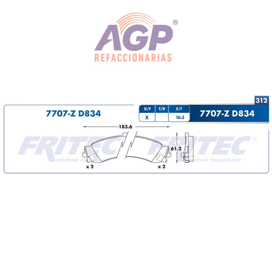 BALATA  TRASERA CADILLAC TRUCK ESCALADE 2002-2006, CHEVROLET TRUCK AVALANCHE (FRI-SPC7707Z) - REFACCIONARIAS AGP