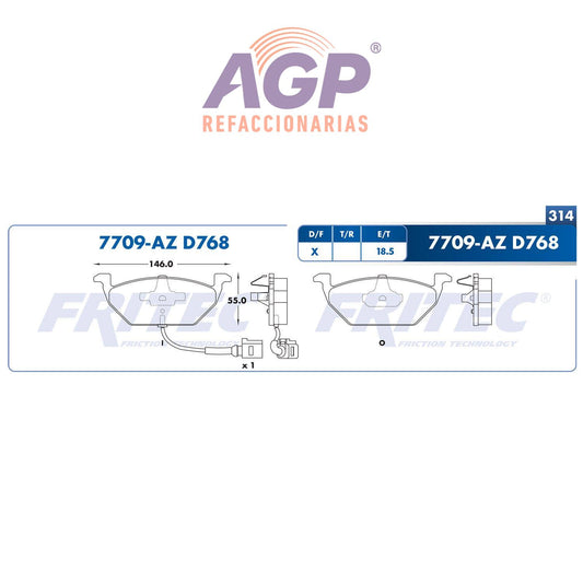 BALATA  DELANTERA AUDI A3 1997-1997, AUDI A3 2006-2008, SEAT TOLEDO R16 2001-2 (FRI-SPC7709AZ)