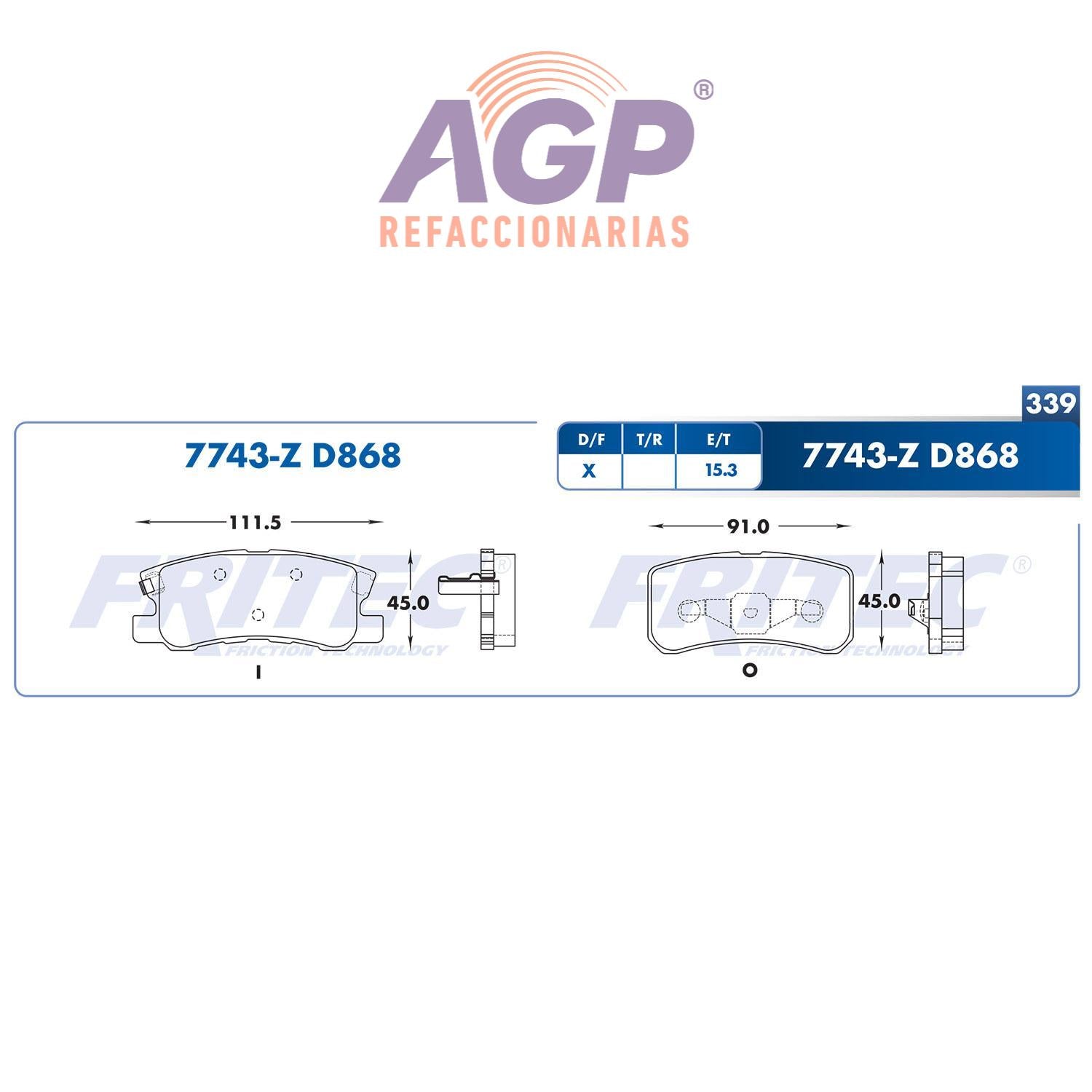 BALATA  TRASERA CHRYSLER 200 2011-2013, CHRYSLER CIRRUS 2007-2009, CHRYSLER  (FRI-SPC7743Z) - REFACCIONARIAS AGP