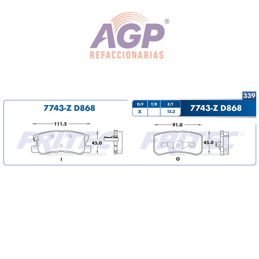 BALATA  TRASERA CHRYSLER 200 2011-2013, CHRYSLER CIRRUS 2007-2009, CHRYSLER  (FRI-SPC7743Z) - REFACCIONARIAS AGP