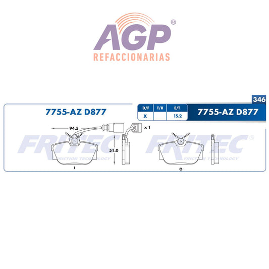 BALATA DISCO TRASERA VOLKSWAGEN TRUCK EUROVAN 2000-2003 SHARAN 2002-2008 SEAT TRUCK ALHAMBRA 2002-2008 = D877 ()