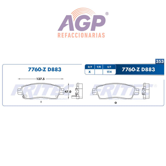 BALATA  TRASERA BUICK ENCLAVE 2008-2014, BUICK RAINIER 2004-2007, CHEVROLET  (FRI-SPC7760Z) - REFACCIONARIAS AGP