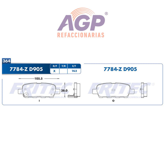 BALATA  TRASERA INFINITI G35 2003-2007, INFINITI M45 2006-2009, INFINITI TRU (FRI-SPC7784Z) - REFACCIONARIAS AGP