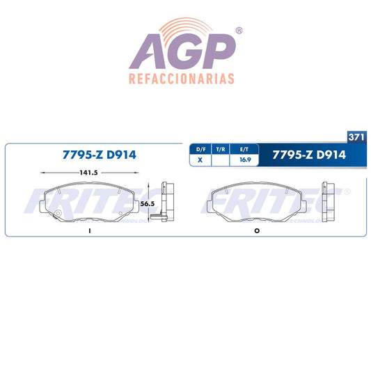 BALATA  DELANTERA ACURA ILX 2013-2016, HONDA ACCORD 2006-2015, HONDA CIVIC 201 (FRI-SPC7795Z) - REFACCIONARIAS AGP