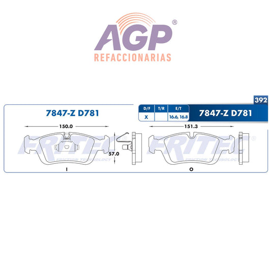 BALATA  DELANTERA BMW Z4 05-08, BMW Z3 00-02, BMW 323I 98-00, BMW 323IS 98-99, (FRI-SPC7847Z)