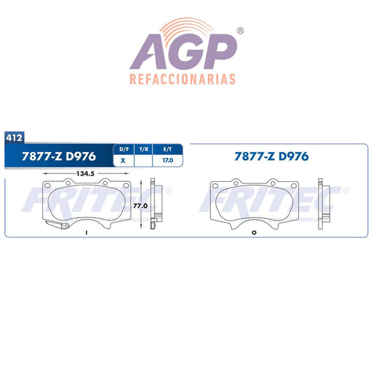 BALATA  DELANTERA LEXUS TRUCK GX460 2013-2016, TOYOTA TRUCK 4RUNNER 2003-2016, (FRI-SPC7877Z) - REFACCIONARIAS AGP