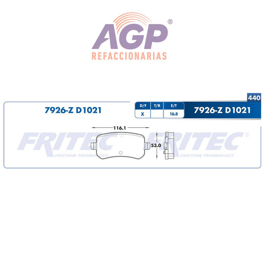 BALATA  TRASERA FORD TRUCK FREESTAR 2004-2007, MERCURY MONTEREY 2004-2007, (FRI-SPC7926Z) - REFACCIONARIAS AGP