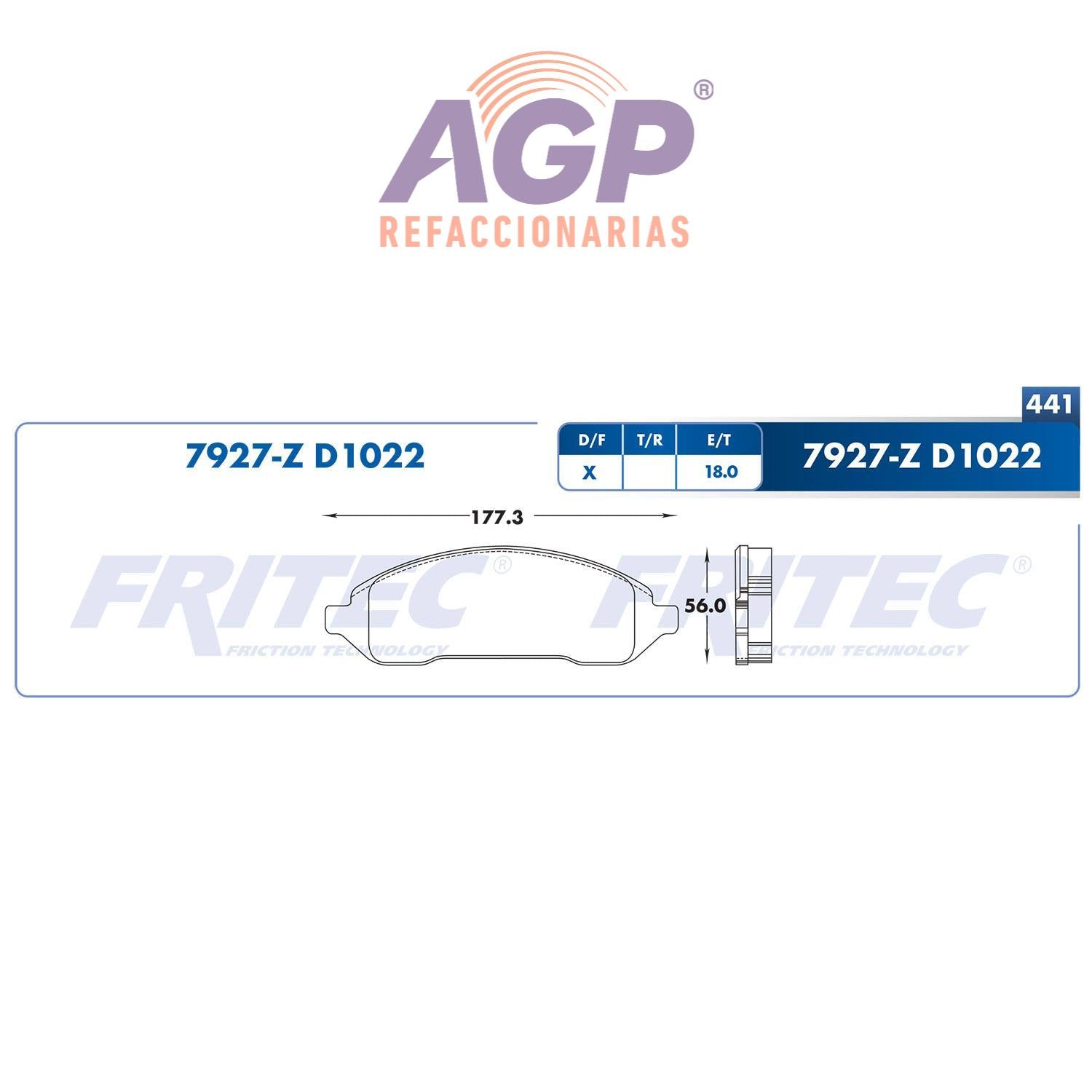 BALATA  DELANTERA FORD TRUCK FREESTAR 2004-2007, MERCURY MONTEREY 2004-2007 (FRI-SPC7927Z) - REFACCIONARIAS AGP