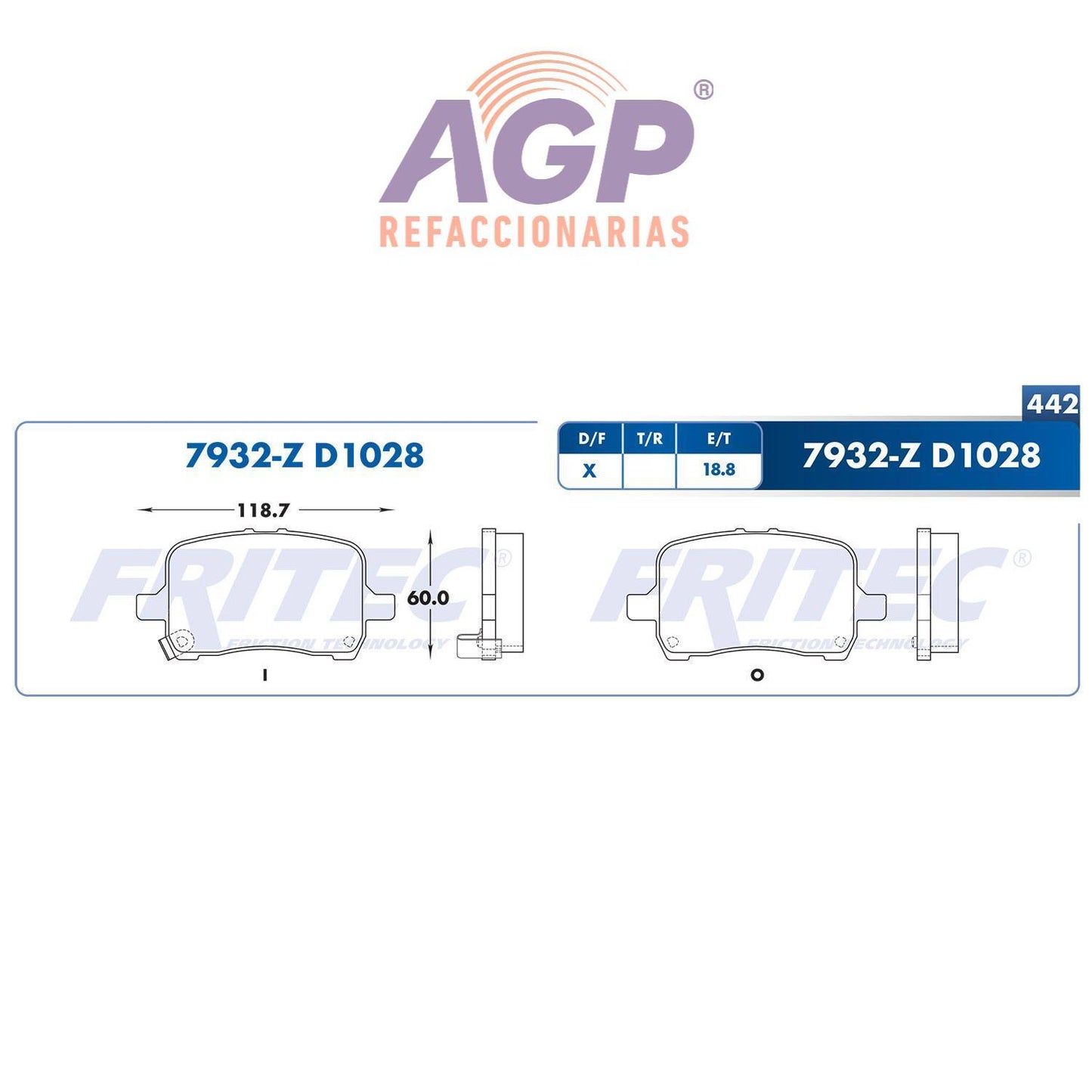 BALATA  DELANTERA CHEVROLET MALIBU 2004-2006, MALIBU 2011-2012, PONTIAC G5 200 (FRI-SPC7932Z) - REFACCIONARIAS AGP