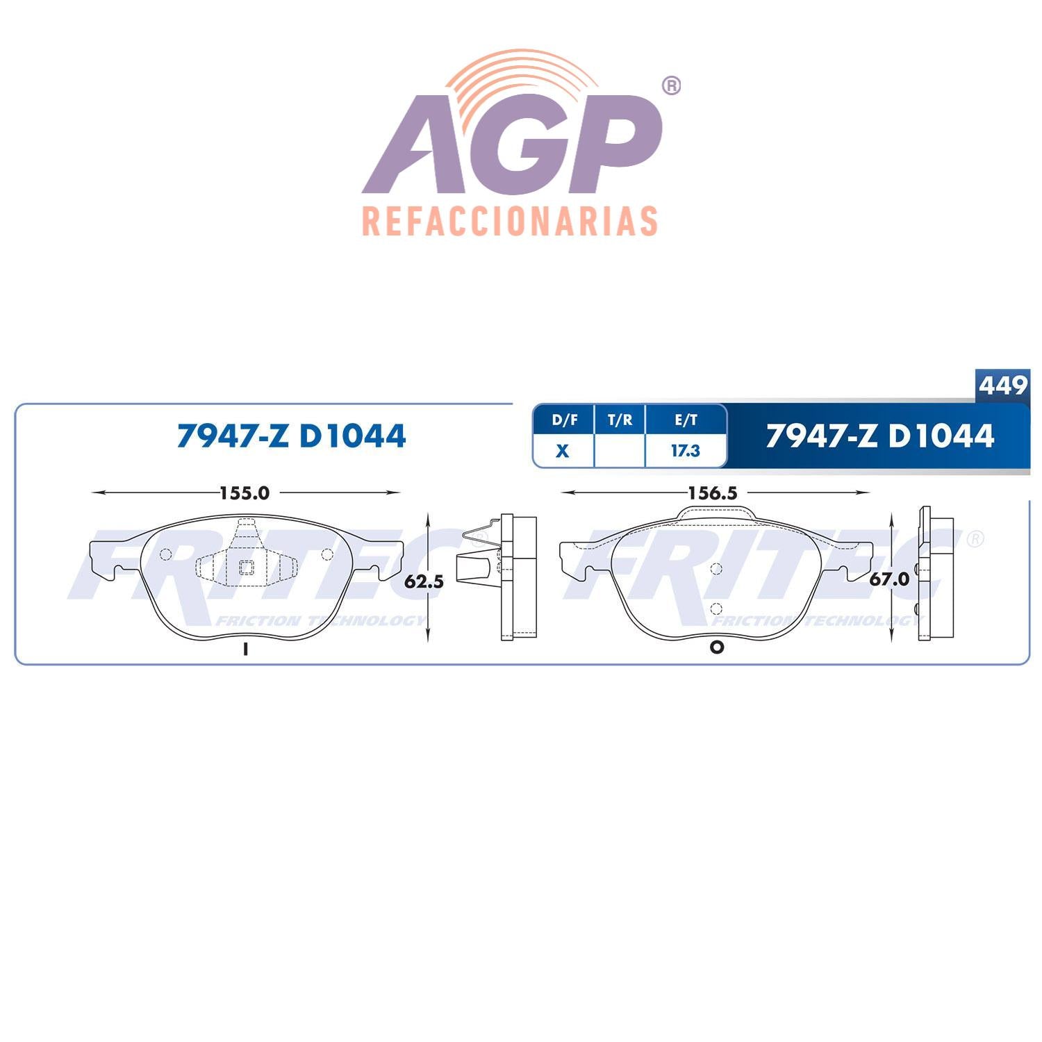 BALATA  DELANTERA MAZDA 3 2004-2005, MAZDA 5 2006-2006, FORD FOCUS 2004-2007,  (FRI-SPC7947Z) - REFACCIONARIAS AGP