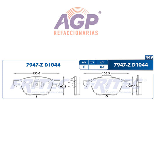 BALATA  DELANTERA MAZDA 3 2004-2005, MAZDA 5 2006-2006, FORD FOCUS 2004-2007,  (FRI-SPC7947Z) - REFACCIONARIAS AGP
