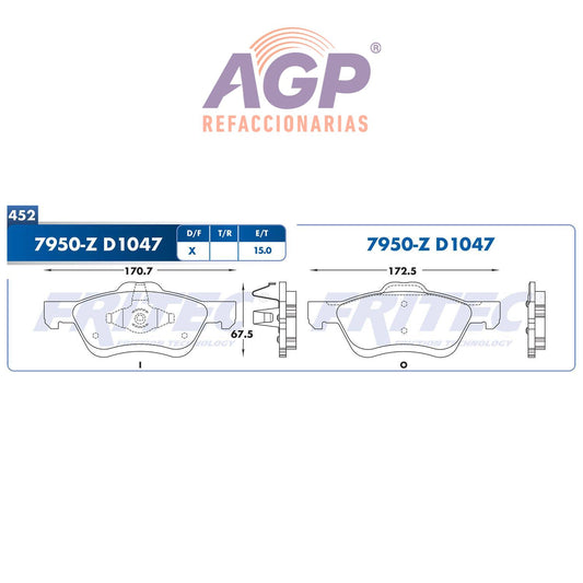 BALATA  DELANTERA FORD TRUCK ESCAPE 2005-2012, ESCAPE HYBRID 2008-2012, MAZDA  (FRI-SPC7950Z) - REFACCIONARIAS AGP