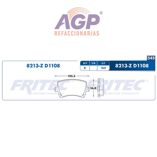 BALATA  TRASERA AUDI A1 2011-2013, AUDI A3 2006-2013, AUDI A3 QUATTRO 2004-2 (FRI-SPC8213Z) - REFACCIONARIAS AGP