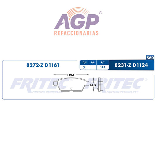 BALATA  TRASERA FORD FUSION 2006-2012, LINCOLN MKZ 2007-2012, LINCOLN ZEPHYR (FRI-SPC8272Z) - REFACCIONARIAS AGP