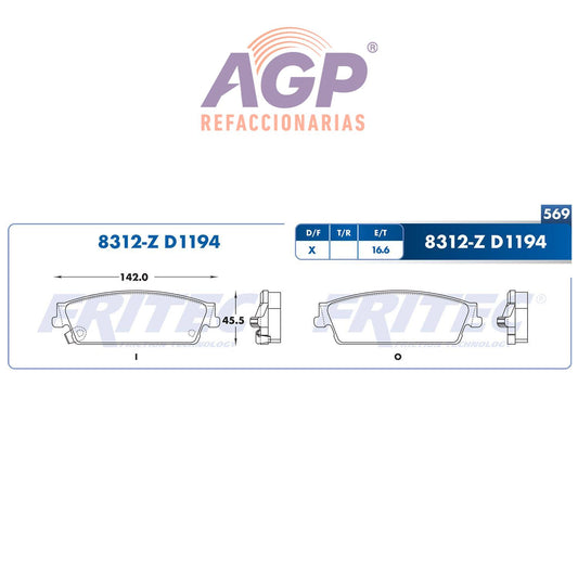 BALATA  TRASERA CADILLAC TRUCK ESCALADE 2007-2016, CHEVROLET TRUCK AVALANCHE (FRI-SPC8312Z) - REFACCIONARIAS AGP