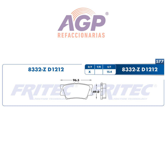 BALATA  TRASERA LEXUS ES300H 2013-2016, LEXUS ES350 2013-2016, PONTIAC TRUCK (FRI-SPC8332Z) - REFACCIONARIAS AGP