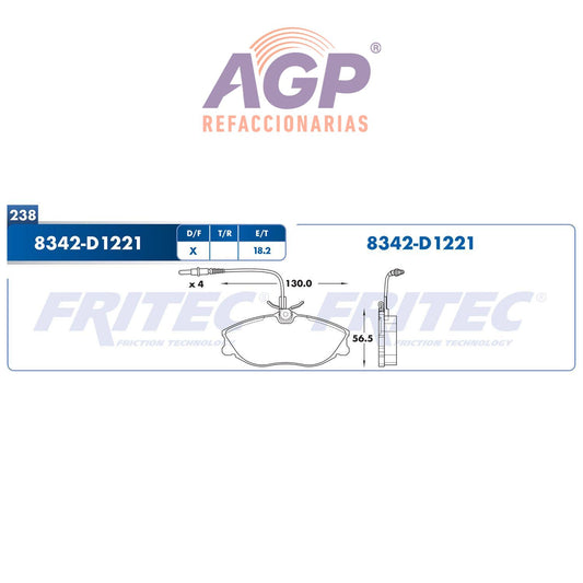 BALATA  DELANTERA PEUGEOT 206 2000-2000, PEUGEOT 306 1998-2002, PEUGEOT 306SR  (FRI-SPC8342Z)