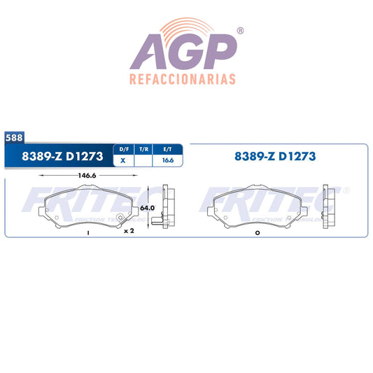 BALATA  DELANTERA CHRYSLER TRUCK TOWN & COUNTRY 2008-2008, DODGE TRUCK GRAND C (FRI-SPC8389Z) - REFACCIONARIAS AGP