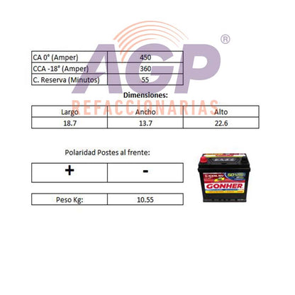 ACUMULADOR GONHER  G-40ENL POL. INV.