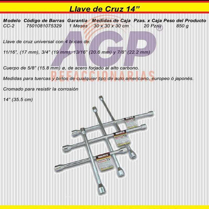 LLAVE DE CRUZ CROMADA 14  13/16  - 3/4  - 17MM - 7/8 (MIK-CC-2)