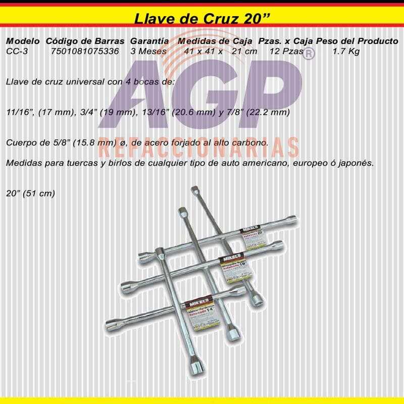 LLAVE DE CRUZ CROMADA 20 (13/16 - 3/4 - 17MM - 7/8) - REFACCIONARIAS AGP